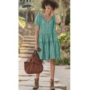 Sundance Cressida Green Floral Tiered Mini Dress Sz M Cottage Core Boho Pockets